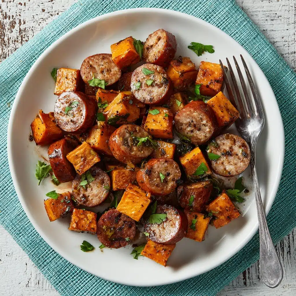 Sheet Pan Sausage and Sweet Potatoes with Honey Garlic Sauce